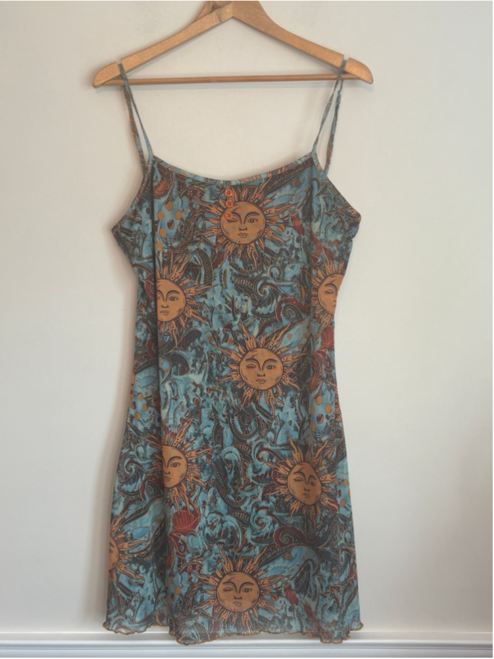 Celestial Sun Print Mesh Mini Dress Adjustable Straps Size XL Mystical Ethereal
